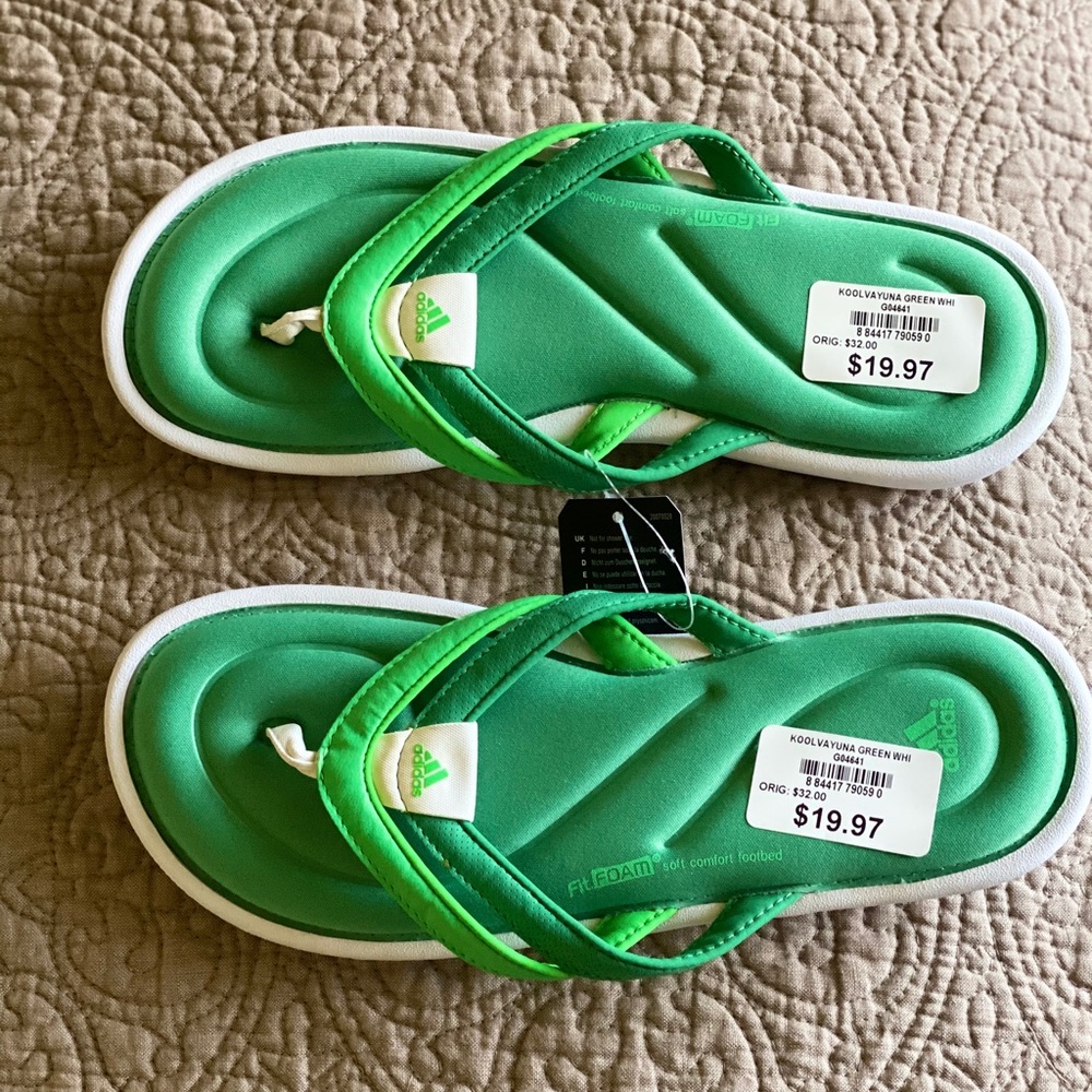 Green Adidas flip-flop slide sandals